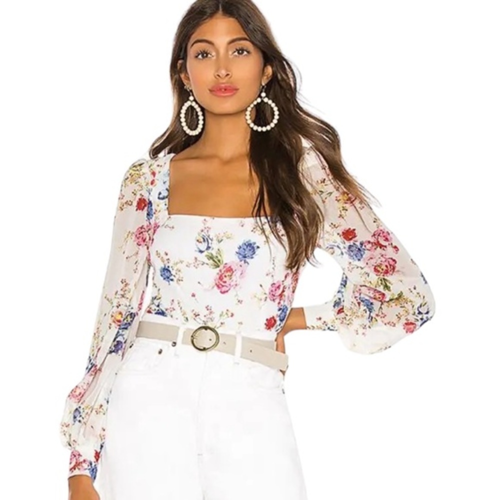 LPA CORA FLORAL LONG puff SLEEVE SQUARE NECK CROPPED BLOUSE TOP M